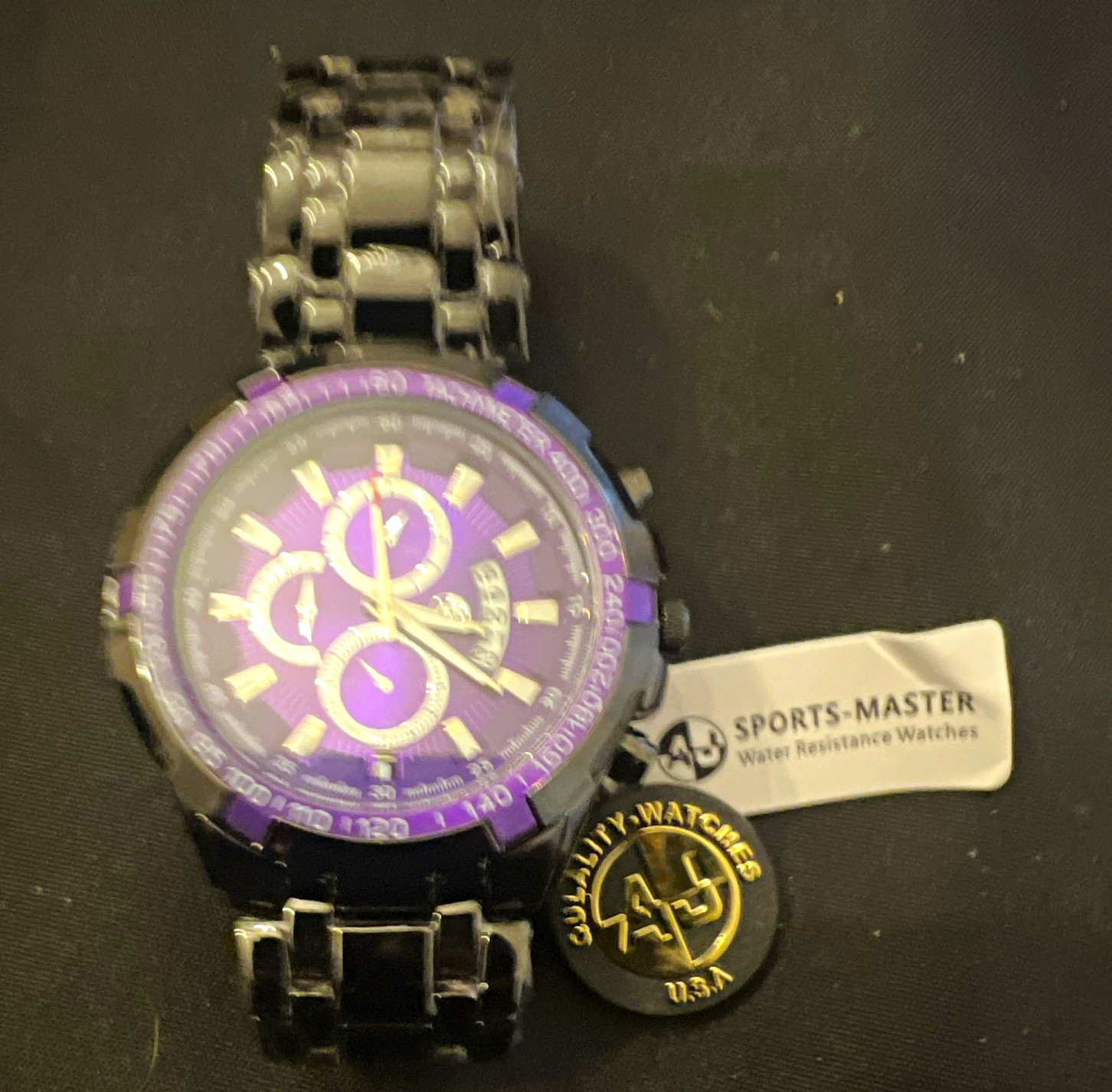 AJ Sports-Master Chronograph Quartz Water-Resistant Purple Dial Black Bracelet