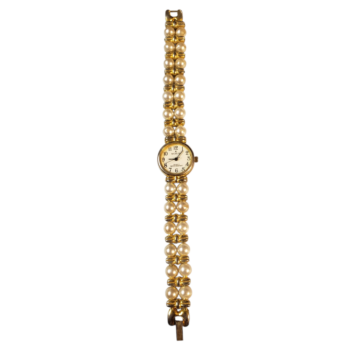 Morita Women’s Water-Resistant Gold Tone Faux Pearls Quartz Analog Watch 7 1/2″