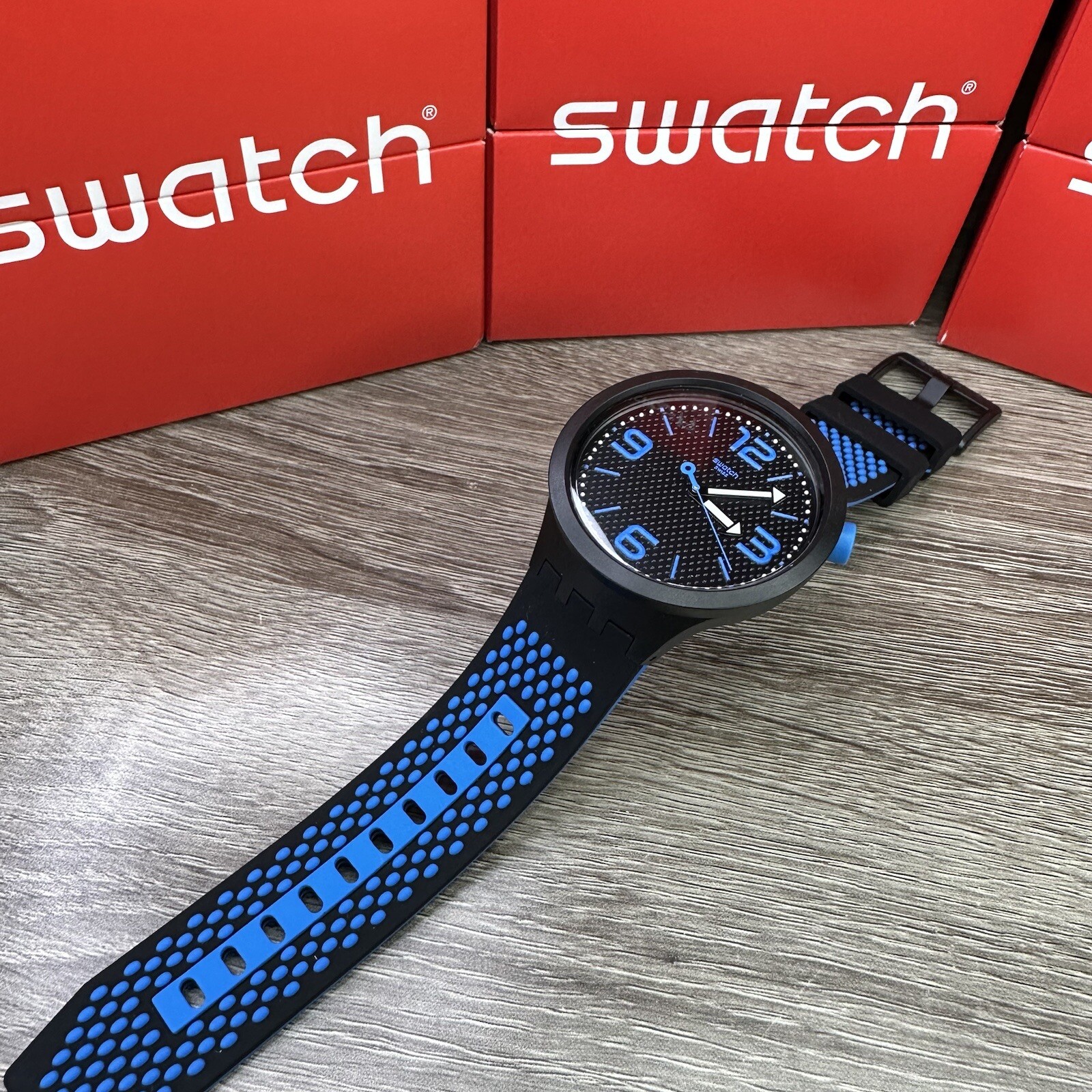 NEW✅ Swatch BIG BOLD BBBLUE Black And Blue 47mm Watch SO27B101