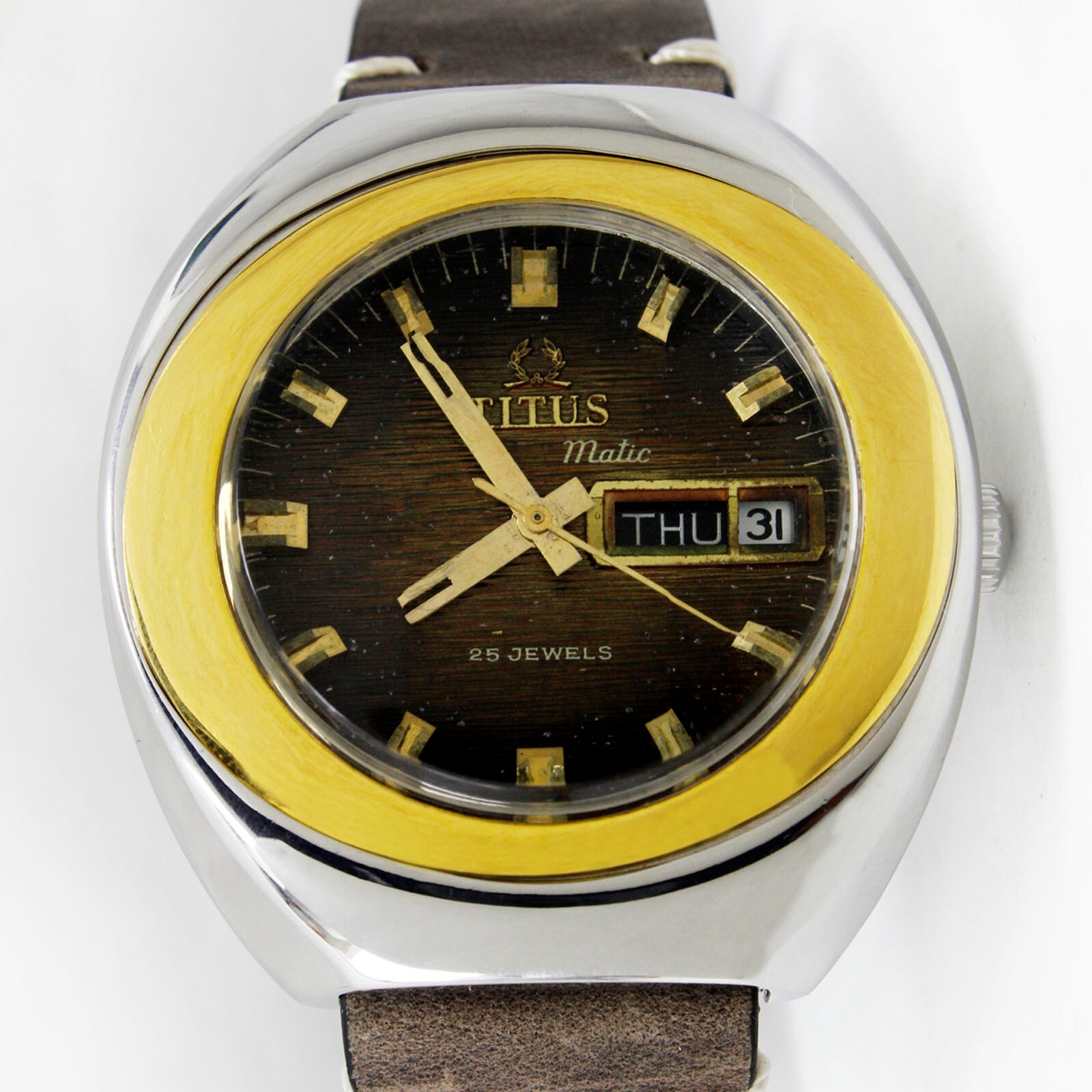 Solvil & TITUS Automatic Q/S D/D Steel Gold Diamond Cut Acrylic Glass Mens Watch