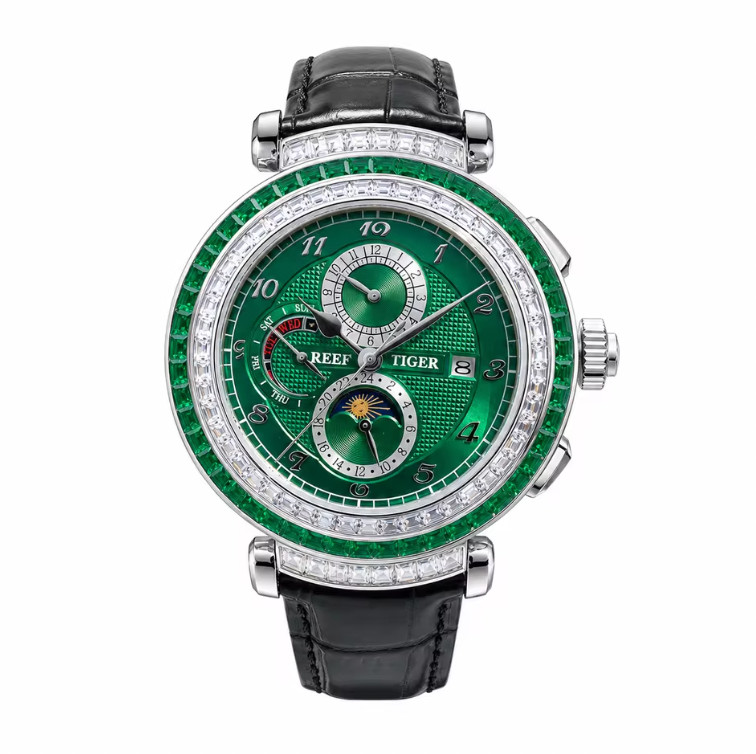 Reef Tiger Luxury Men’s Automatic Mechanical Watch Green Dial Moon Phase Watch