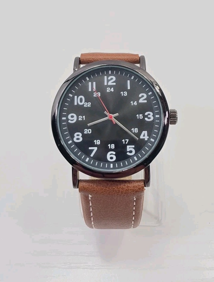 FMD Men’s Military Style Watch – Black Dial, Brown Strap – New Battery