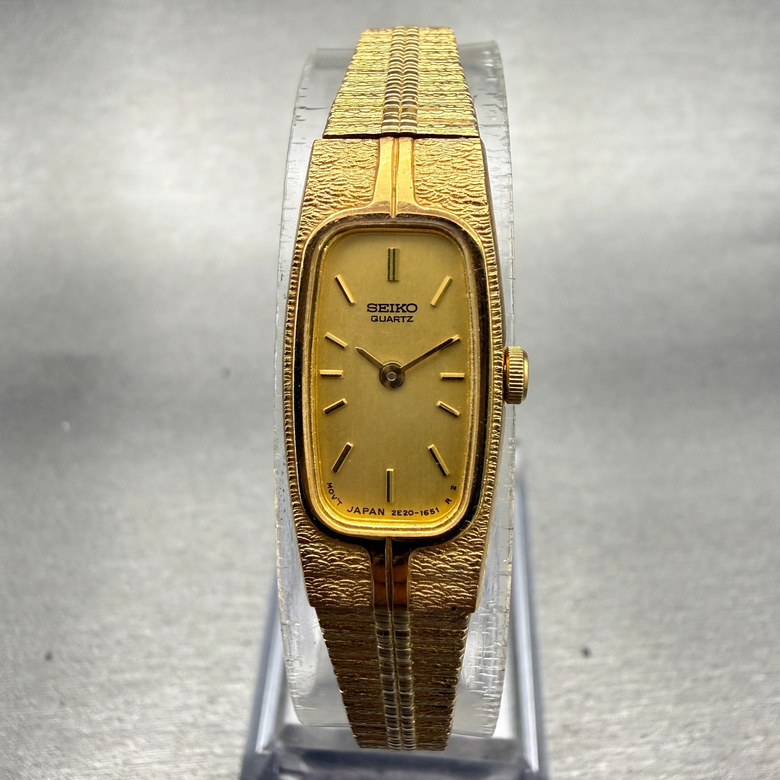 Seiko Watch Women 13mm Gold Dial Gold Tone Rectangle 2E20-6311 New Battery VTG
