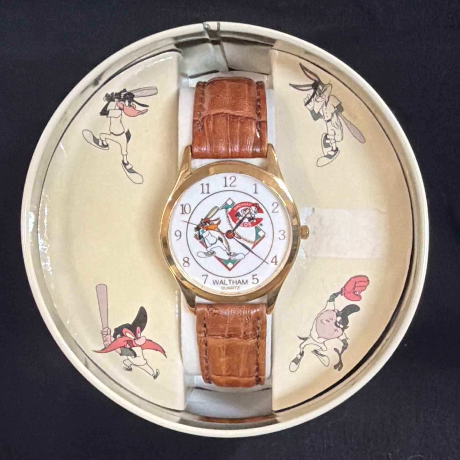 Waltham Cin Reds Looney Tunes MLB Wristwatch Brown Leather Strap w/ Tin Box