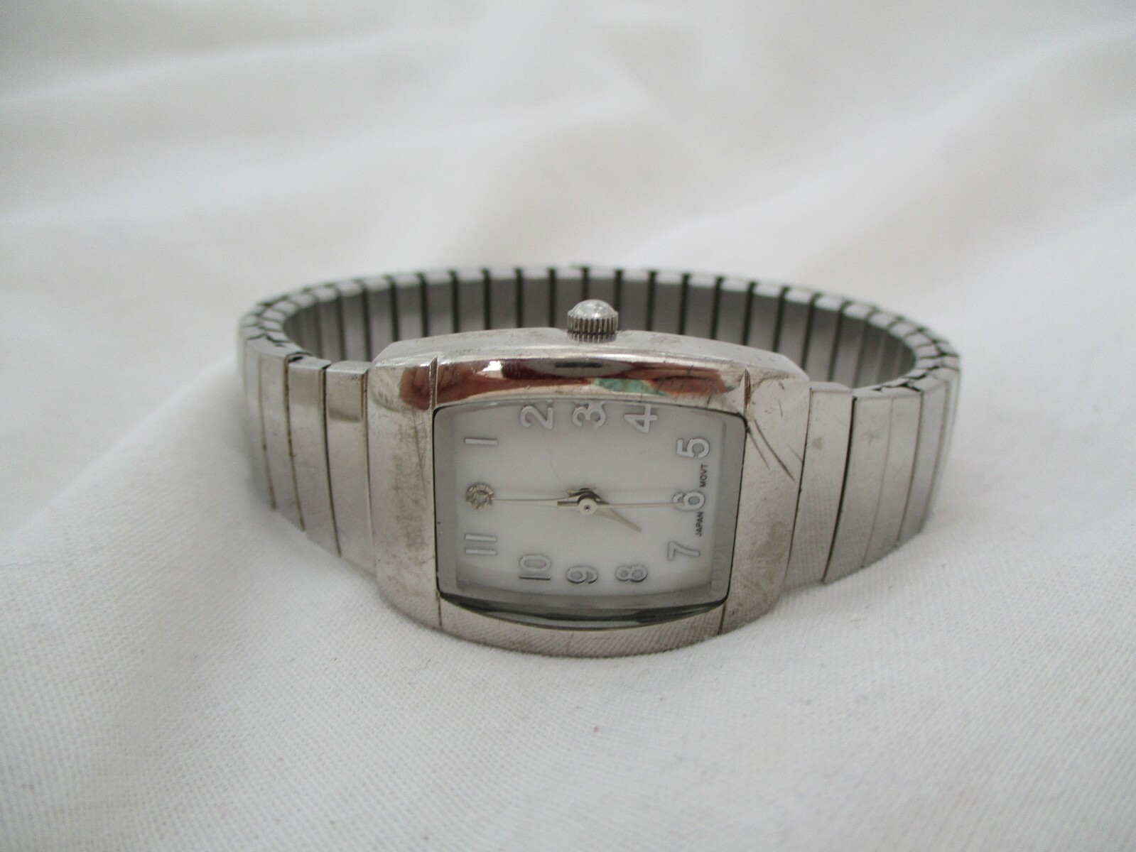 Watch Silver Toned Stretchy Band White Rectangular Face Glamorous WORKING!