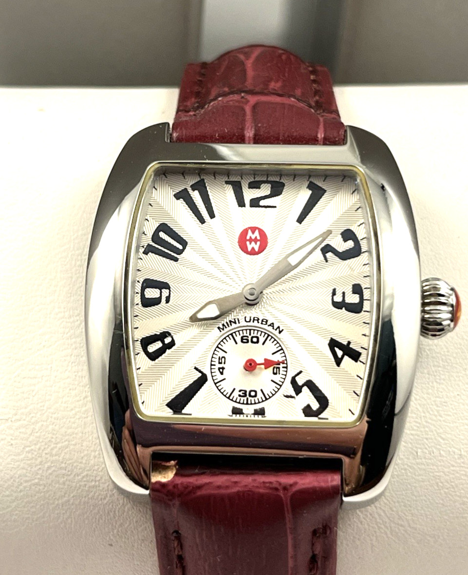 Michele Mini Urban Watch With Red Leather Band in Excellent Condition