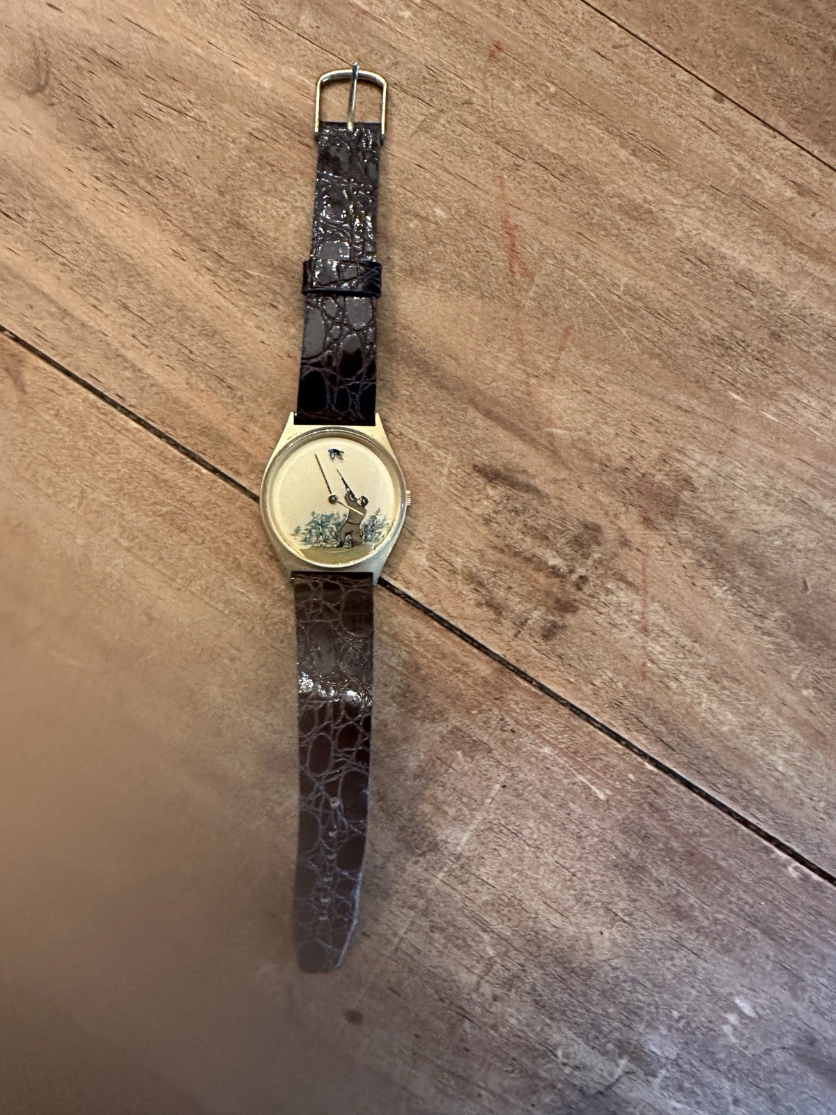 Vtg MAN DUCK HUNTING Rotating Duck Watch Novelty Men Leather