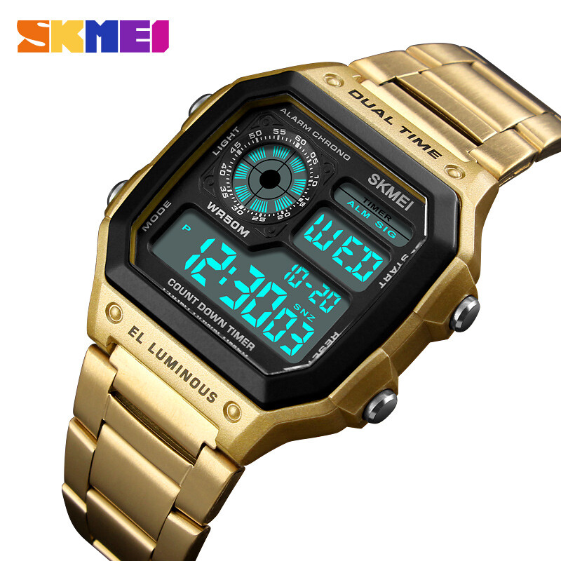 Mens Wristwatch DUAL TIME Trendy Digital Stainless Steel 50m Waterproof SKMEI