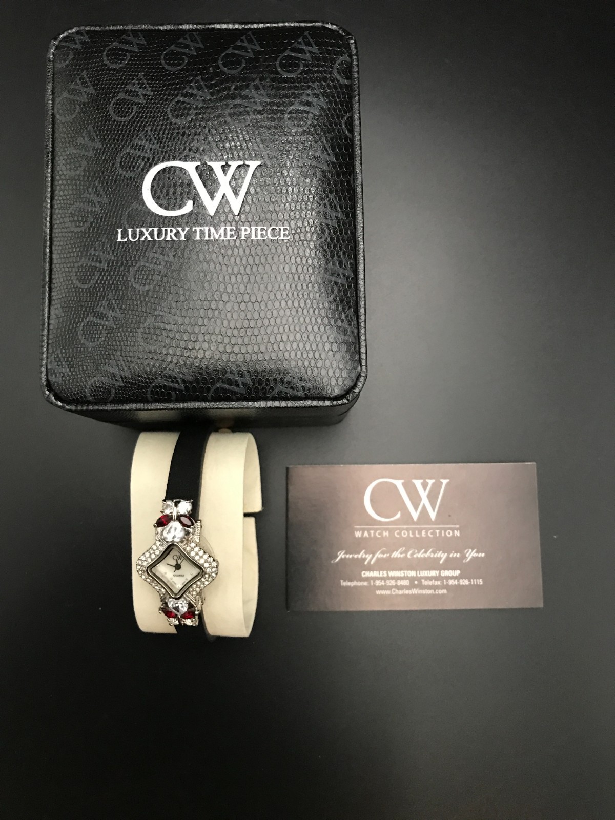 Charles Winston CW Mother of Pearl CZ and Ruby Dial Satin Band NEW w/ BOX