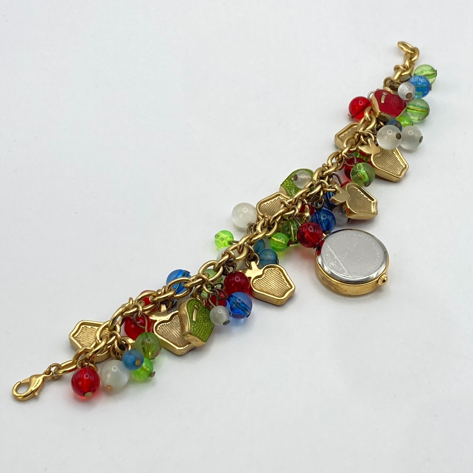Quacker Factory Women’s Charm Bracelet Watch Gold Tone Teacher New Battery 7.25″