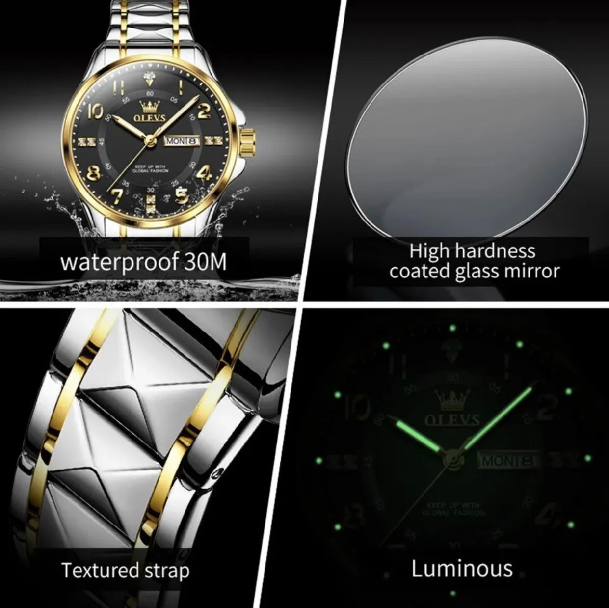 OLEVS Quartz Watch for Men Luxury Diamond Luminous Stainless Steel New White