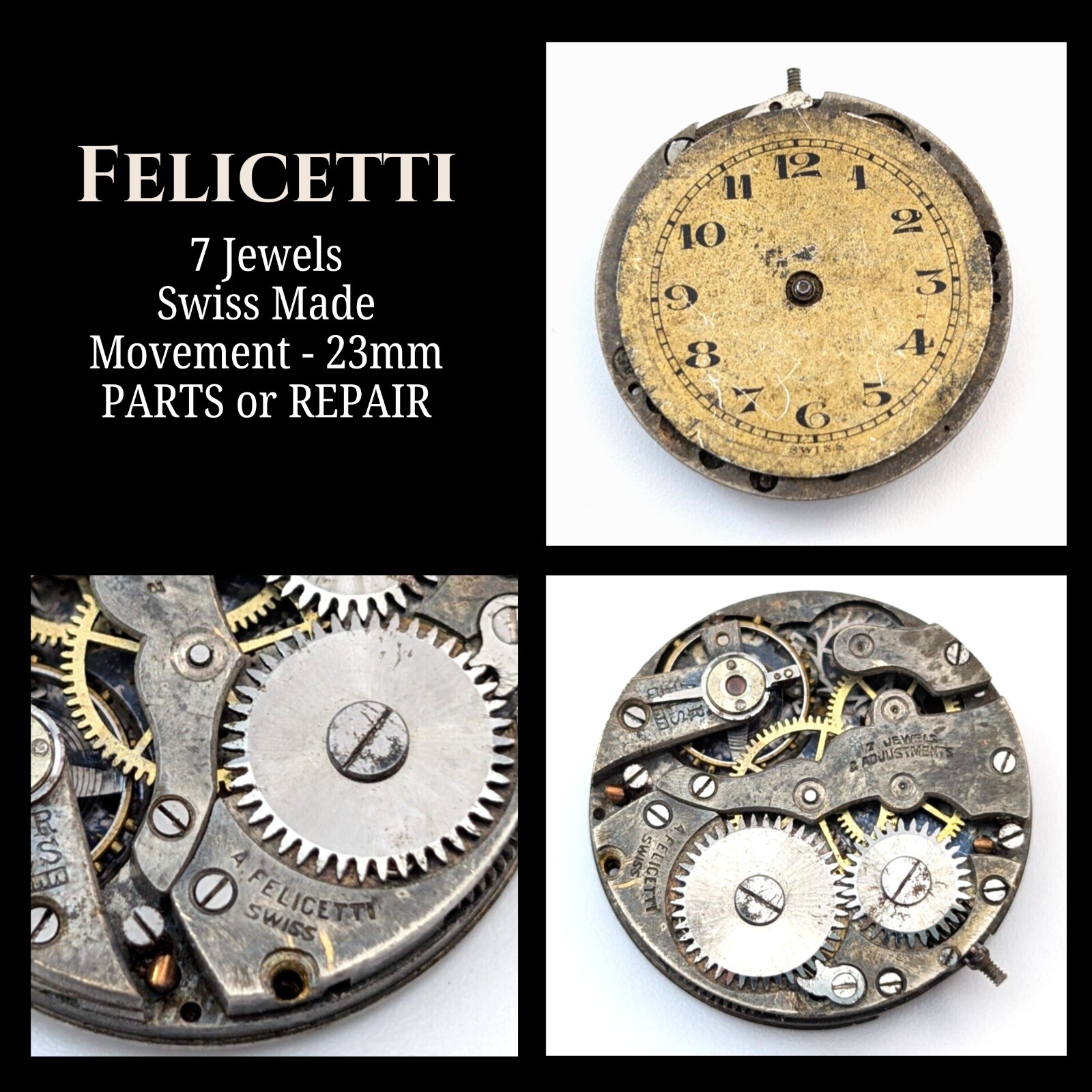 Vintage A FELICETTI Art Deco 15 Jewels 23mm Swiss Watch Movement PARTS or REPAIR