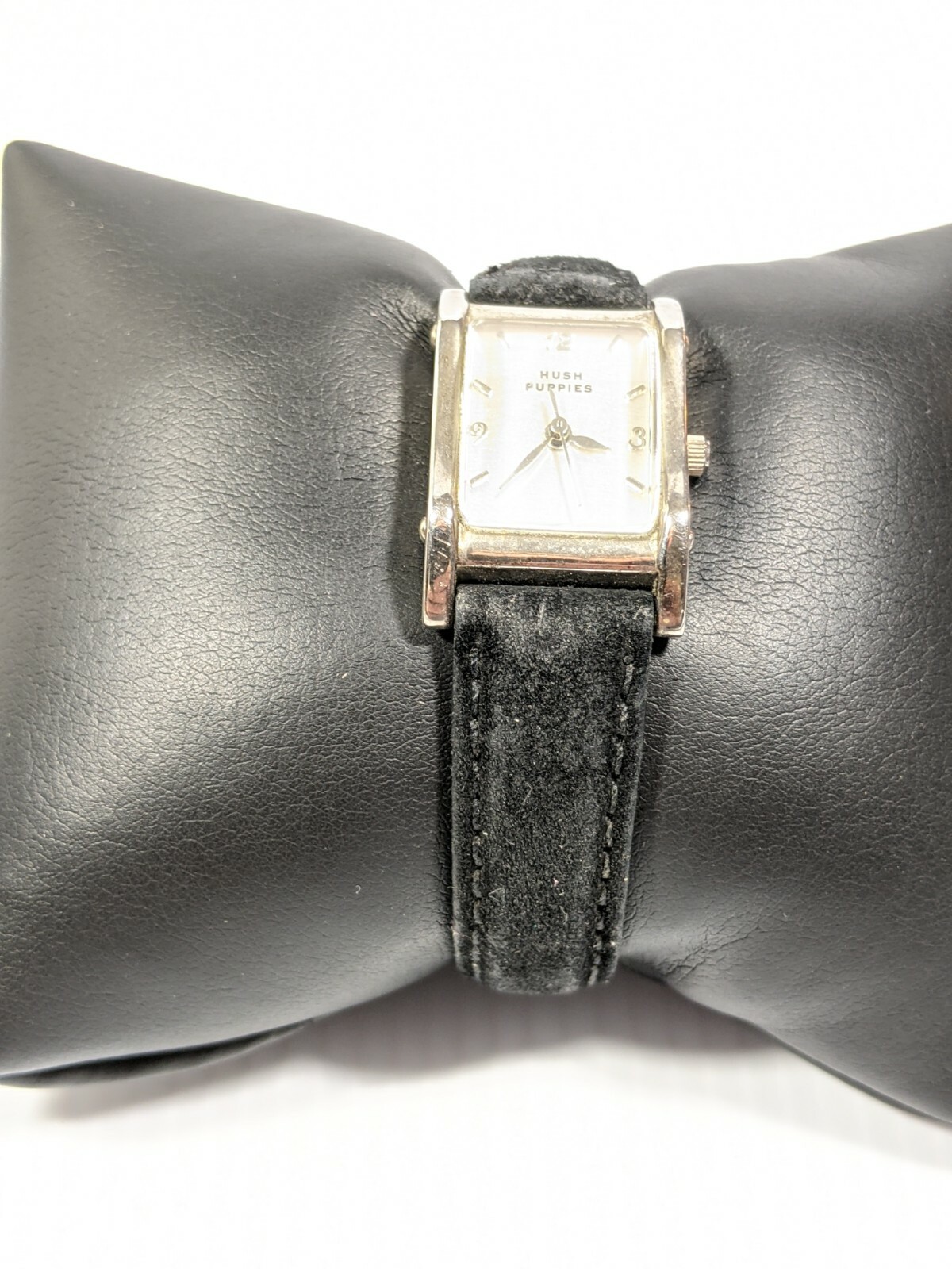 Hush Puppies Silver Tone Rectangle Face Black Suede Leather Band Watch 8 Inch