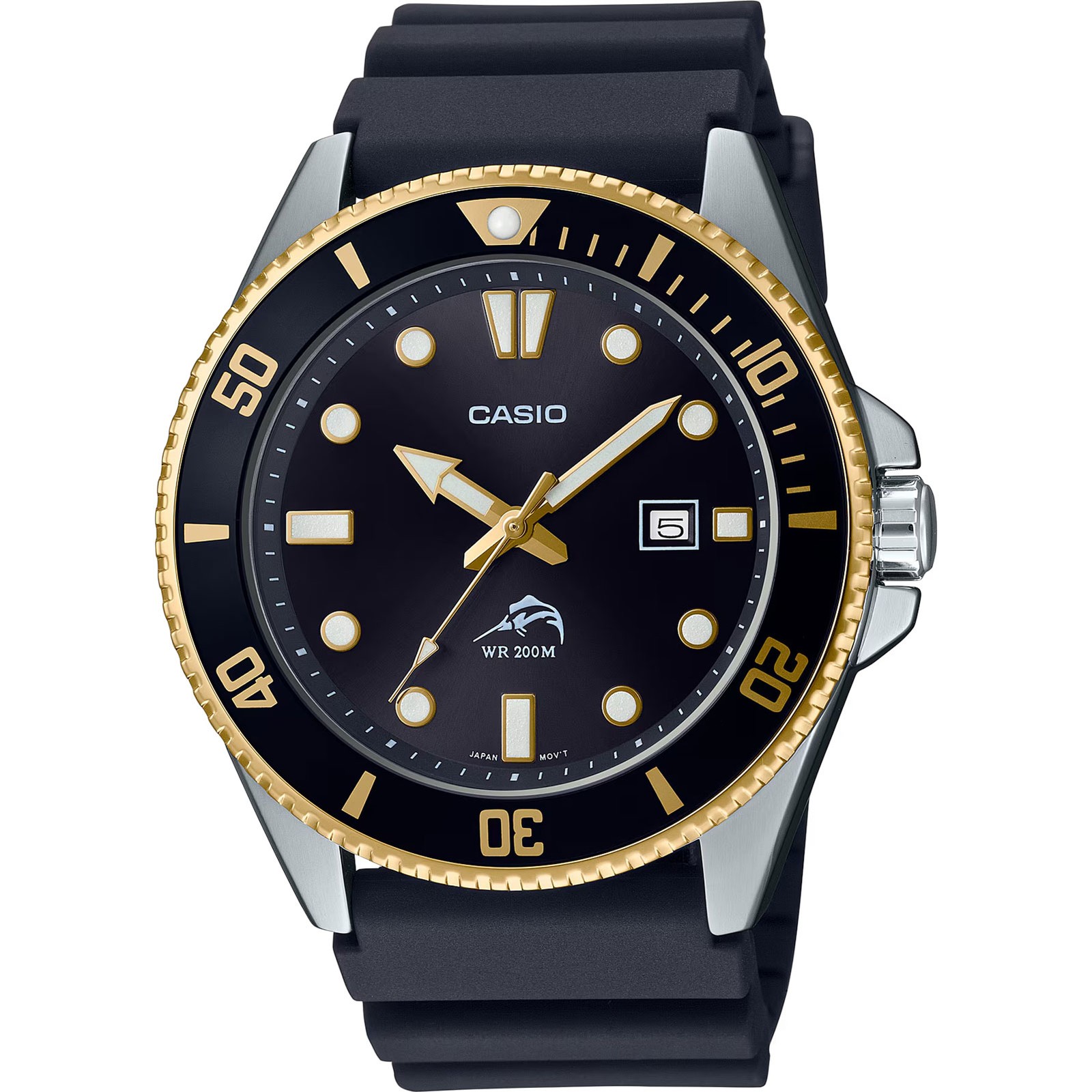 CASIO Men’s Diver Inspired Stainless Steel Blk/Gold Quartz Watch w/ Resin Strap