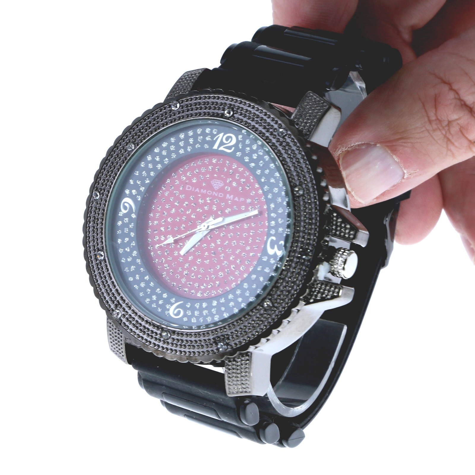 Hip Hop Men’s Ice Crystal Bezel Diamond Dust Dial Black Silicone Band Watch 56mm