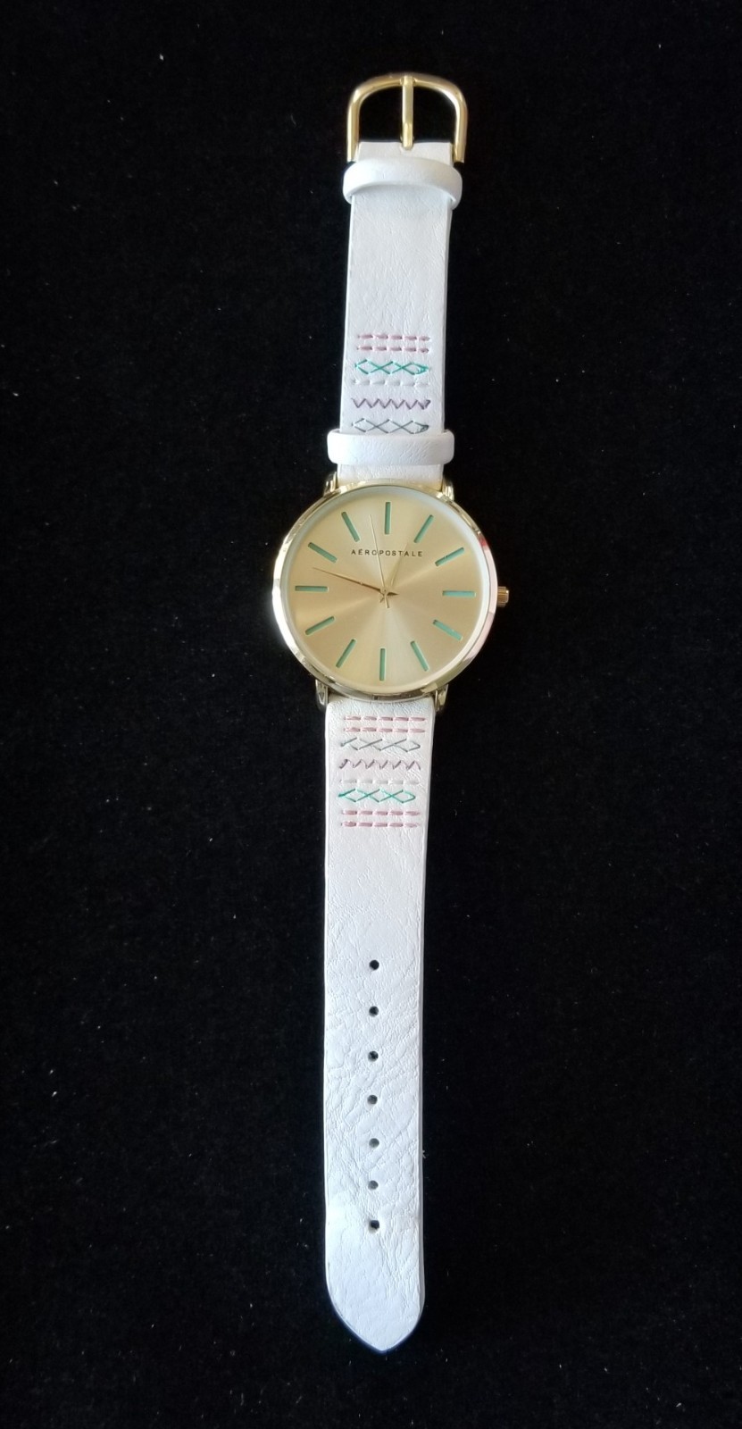 Women’s Aeropostale Gold Tone Watch White Faux Leather Band 5.5″-7″ New Battery