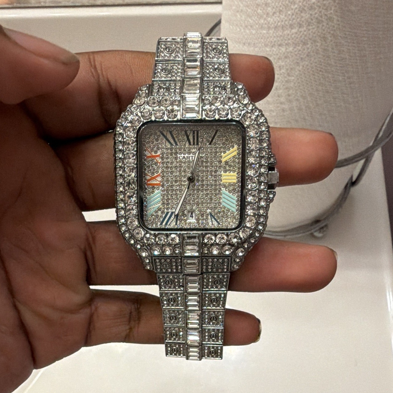 Cartier Santos Quartz Square Silver Bracelet Watch Roman Dial Silver Multicolor