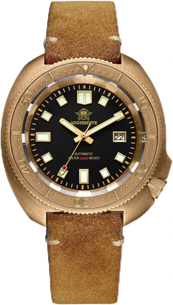 Men’s Vintage Bronze Dive Watch 200M Waterproof with Suede Leather Strap