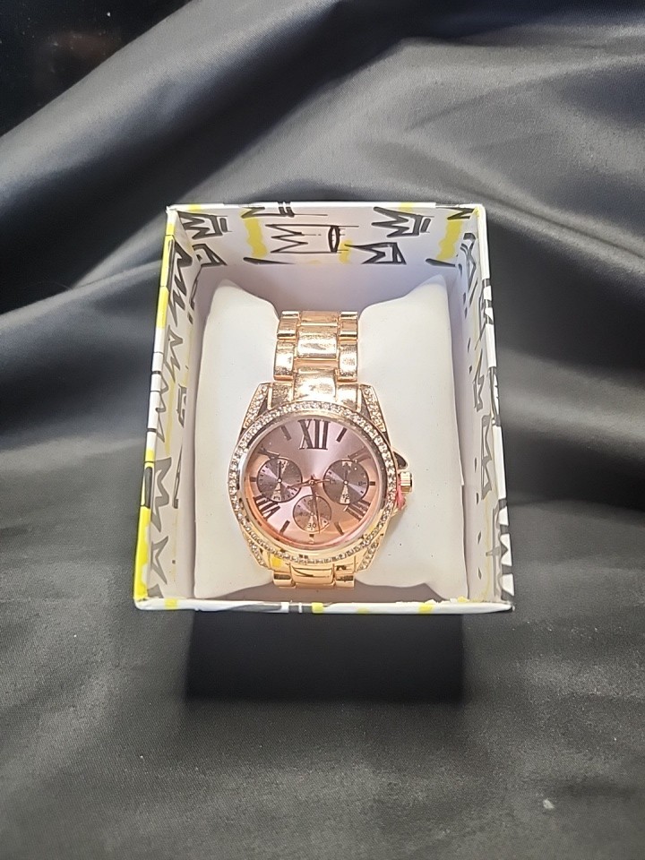 Goldtone Men’s Fashion Watch Stone Bling Quartz ~New~ Still In Box W/ Zip Tie