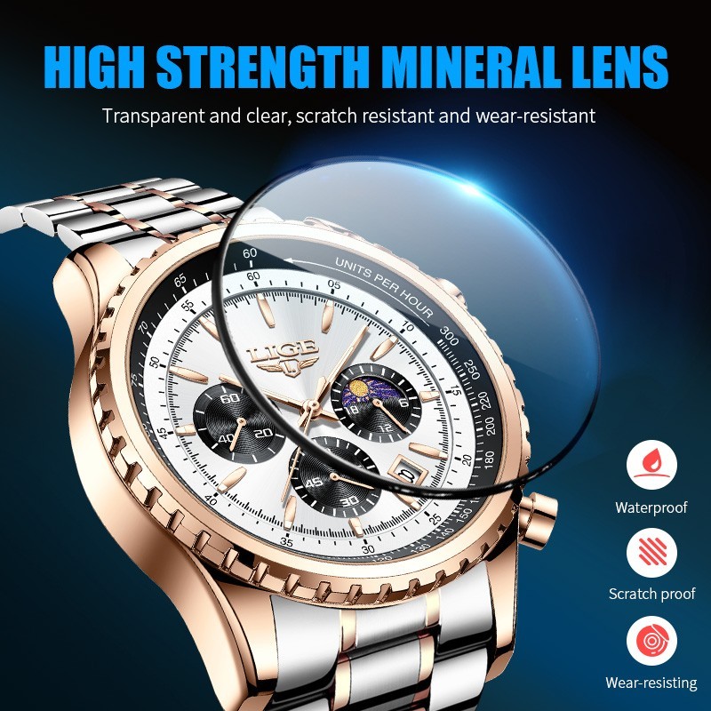 Men’s Business Watch Quartz Moon Phase Date Luminous Waterproof Man Wristwatch