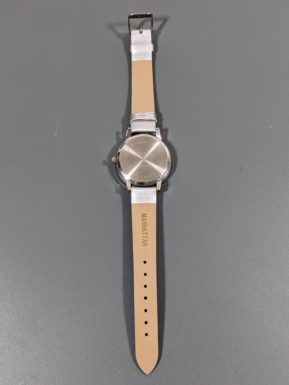 Manhattan by Croton Silvertone Crystal Accent Round Dial Gray Faux Leather Watch