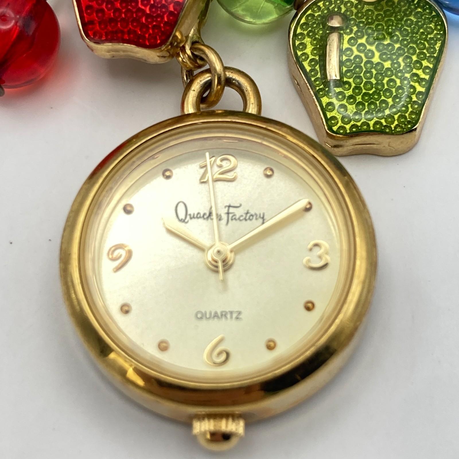Quacker Factory Women’s Charm Bracelet Watch Gold Tone Teacher New Battery 7.25″