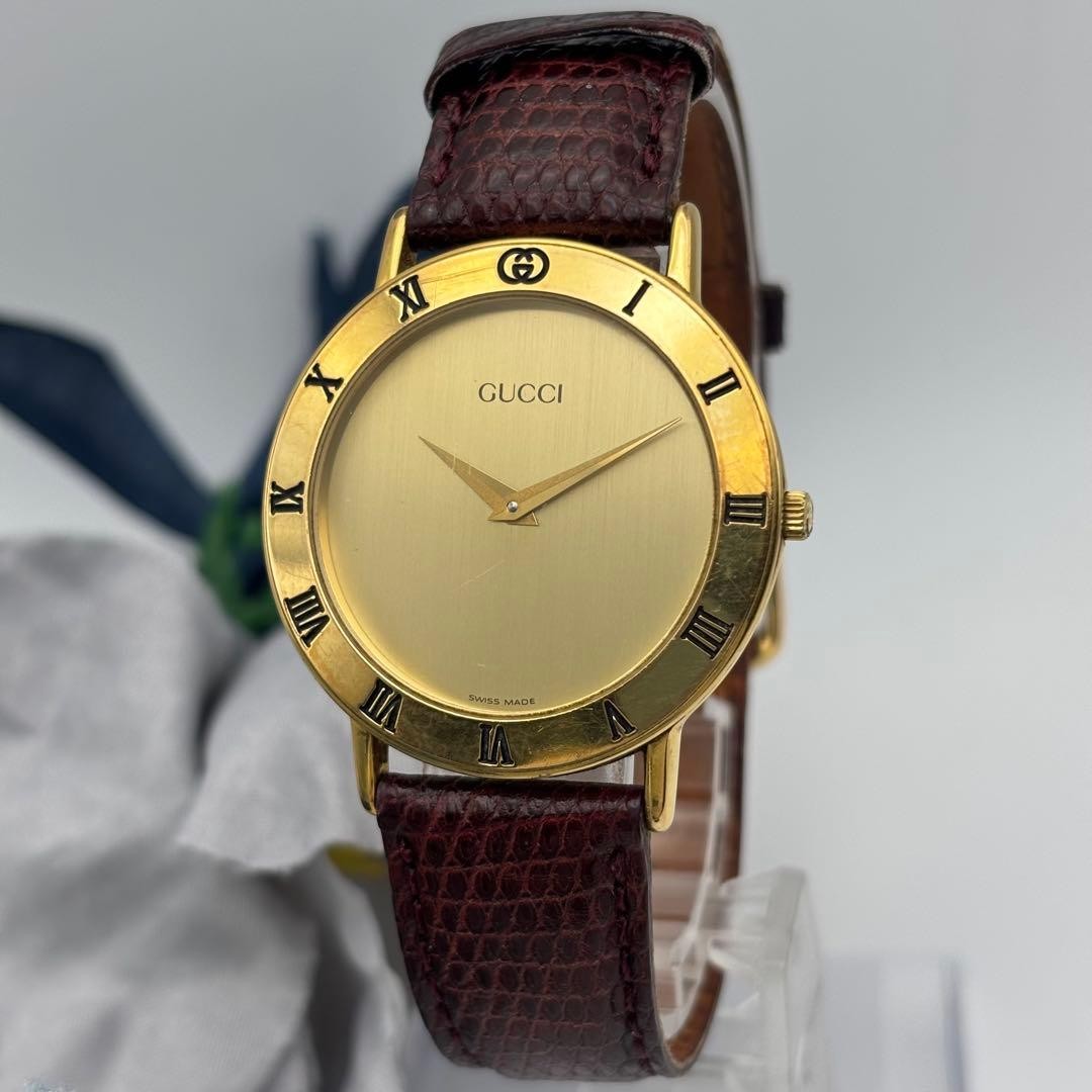 Gucci 3000.2.M Gold Dial Brown Leather Quartz Watch Japan 07555
