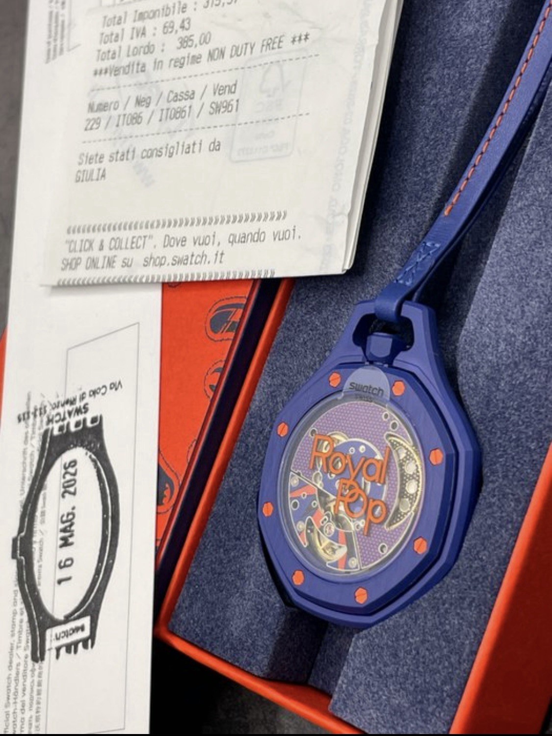 Swatch Royal Pop Quartz Blue Dial Analog Rubber Strap Blue/Orange Bezel w/ Box
