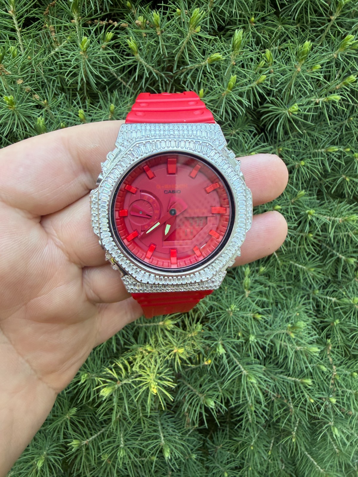 MOISSANITE Real 925 Silver Iced Baguette Red Casio G Shock GA-2100 Hip Hop Watch