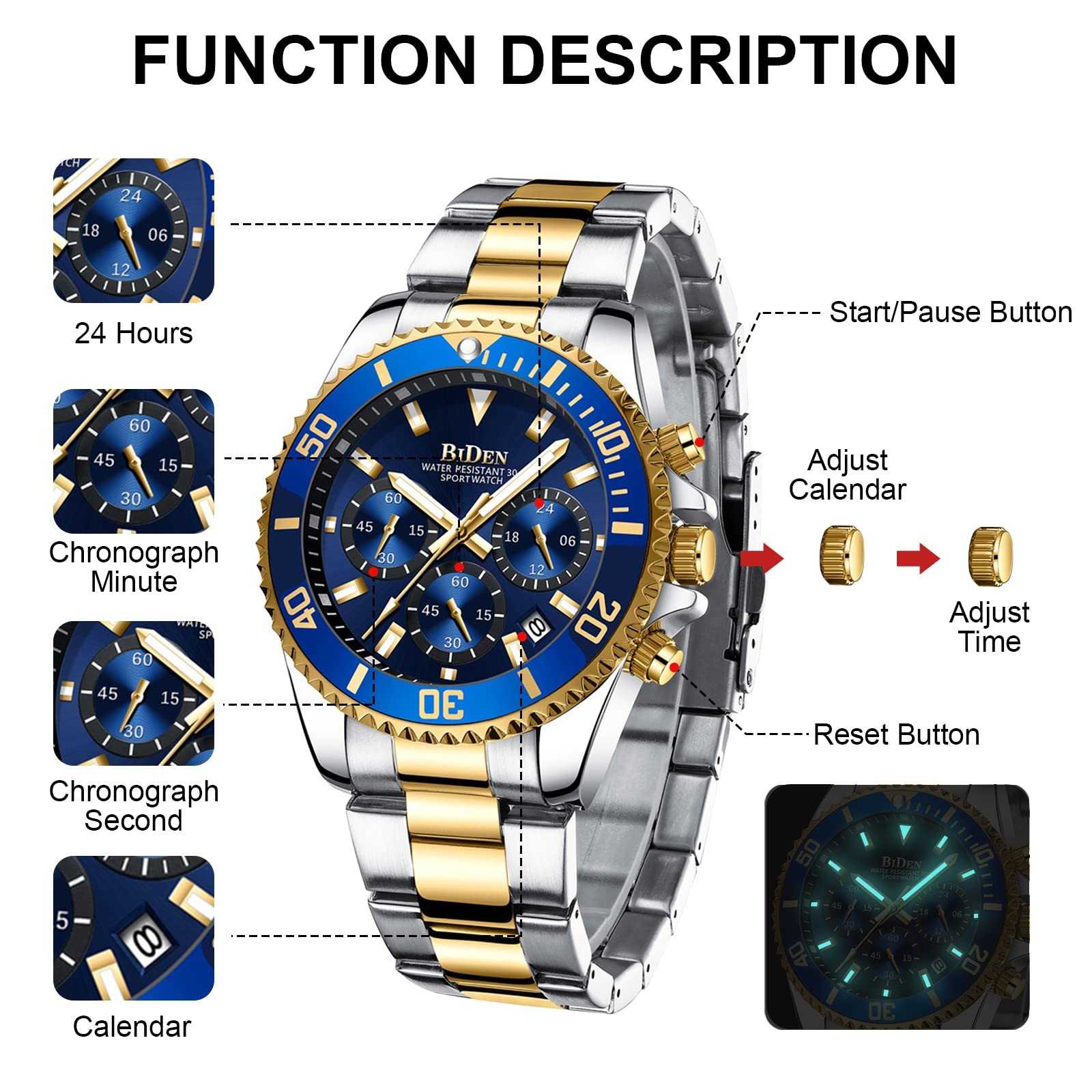 BIDEN Mens Watches Chronograph Gold Blue Stainless Steel Waterproof Date Anal…