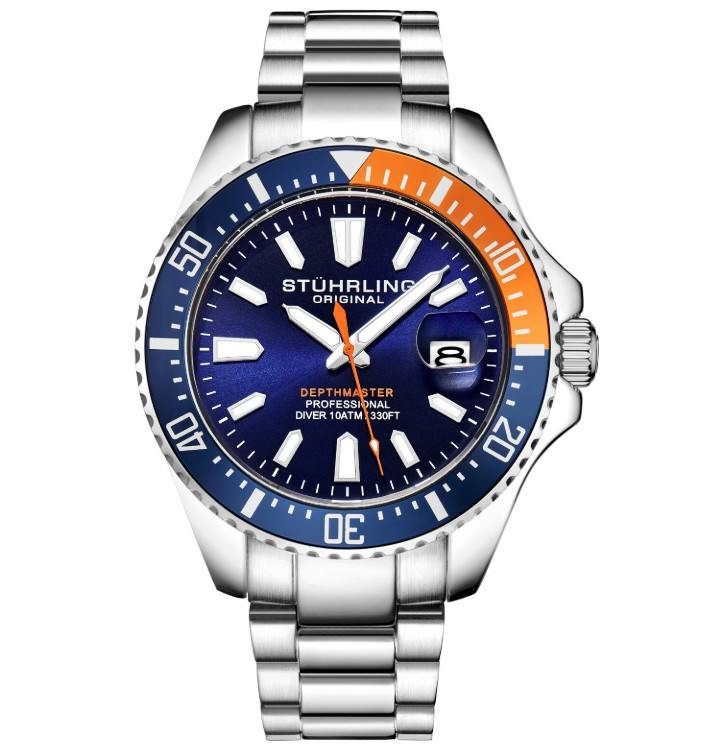 Stuhrling 3950A Men’s Depthmaster Quartz 42mm Wrist Watch -Blue & Orange Bezel
