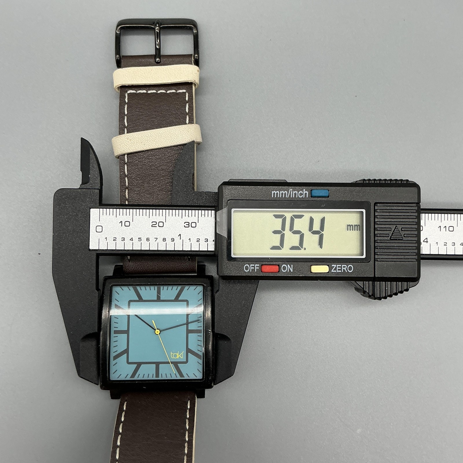 Taki Mens Watch 35mm Blue Dial Black Case Brown Leather Band New Battery