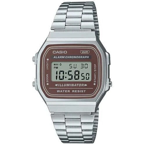 Casio A168WA-5AY Vintage Digital Unisex Watch Brown Dial Silver Stainless Steel