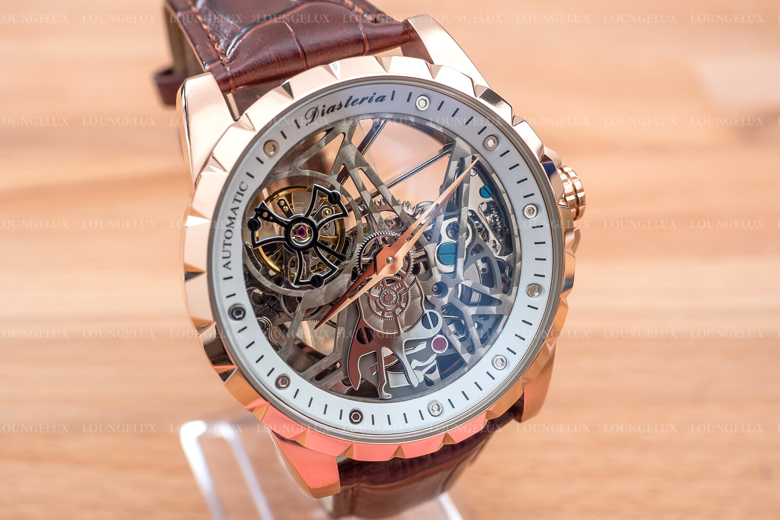 Mens Luxury Skeleton Automatic Mechanical Watch – Rose Gold White Dial Leather