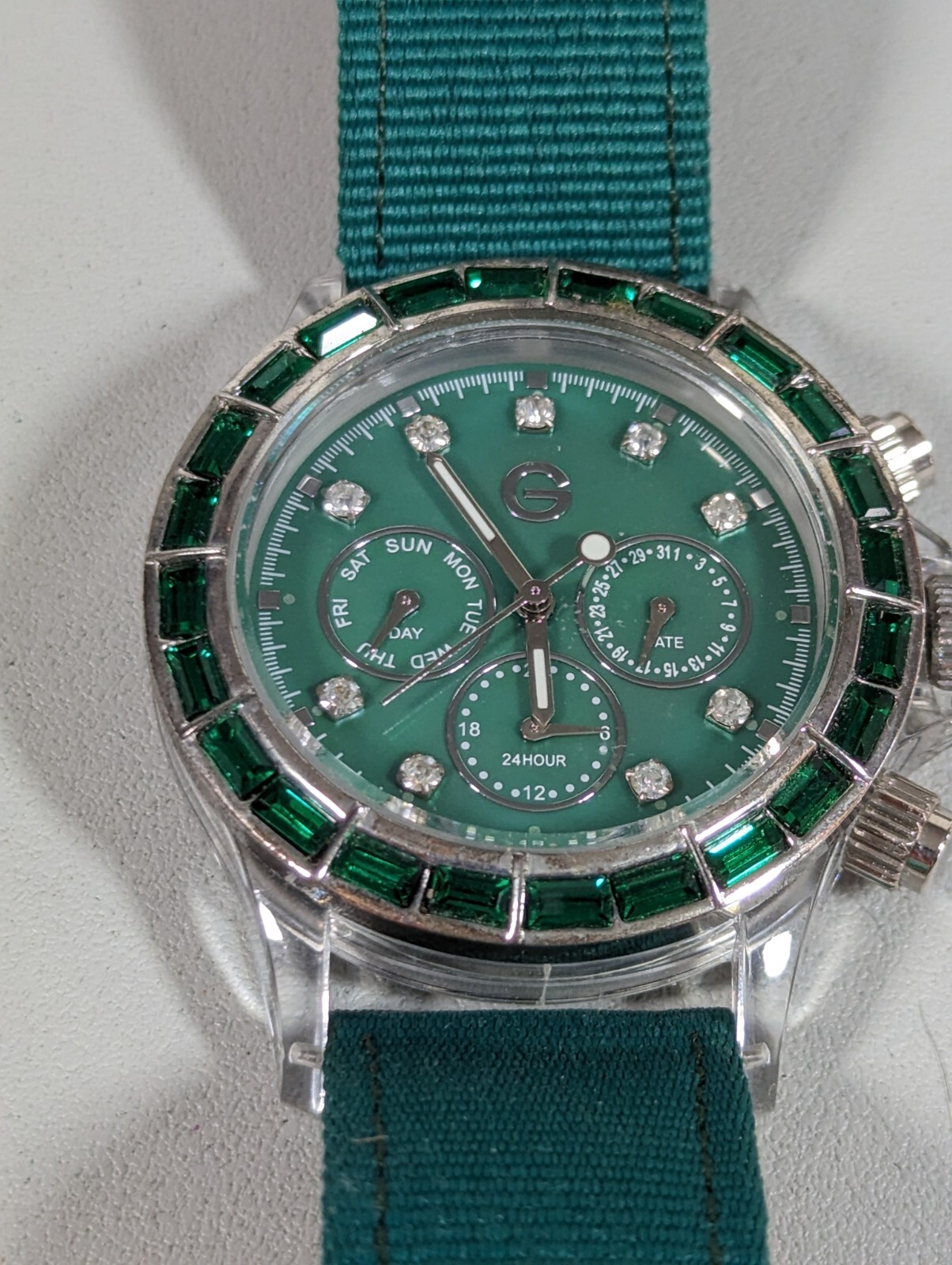 Gossip Green Dial Crystal Accent Round Clear Case Green Canvas Band Watch