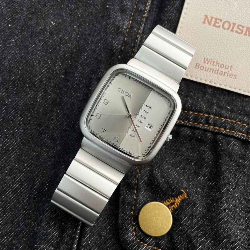 Men’s Square Quartz Watch Large Dial Stainless Steel Waterproof Wristwatch Gift