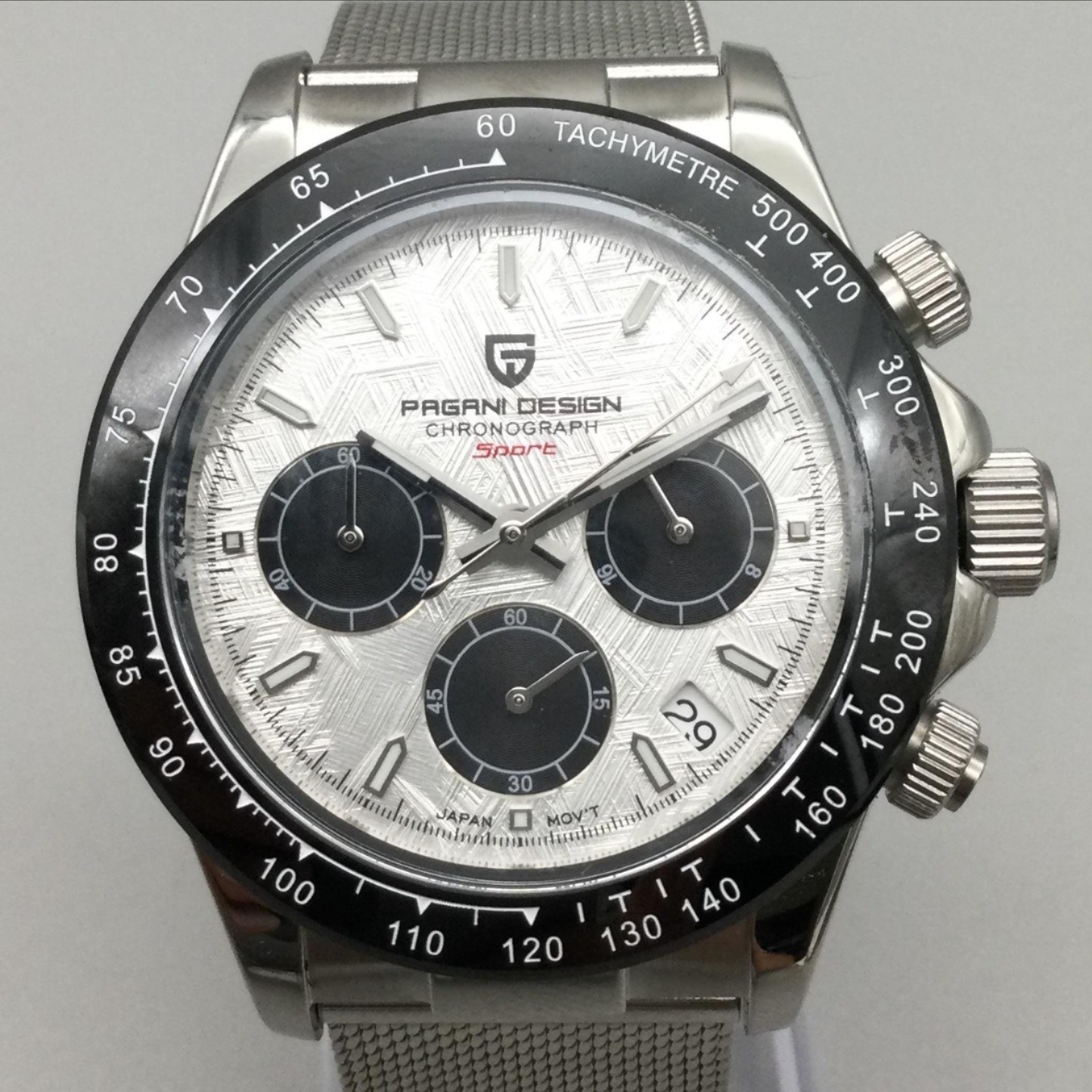 Pagani Design Mens Chronograph Watch 41mm Silver Tone PD-1664 Mesh Band