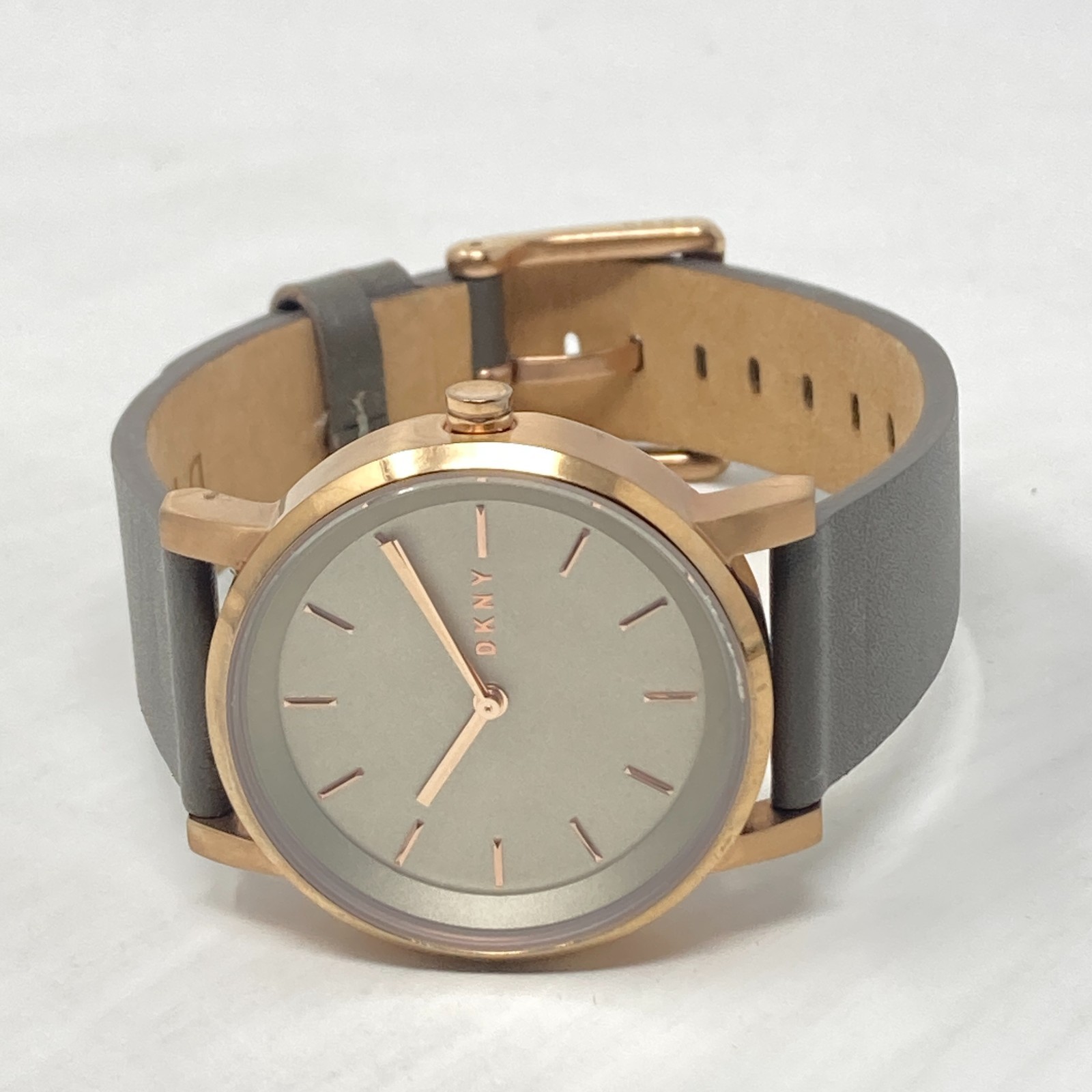 DKNY Watch Women 34mm Rose Gold Tone Gray Leather Band 50M WR New Battery 8.75″