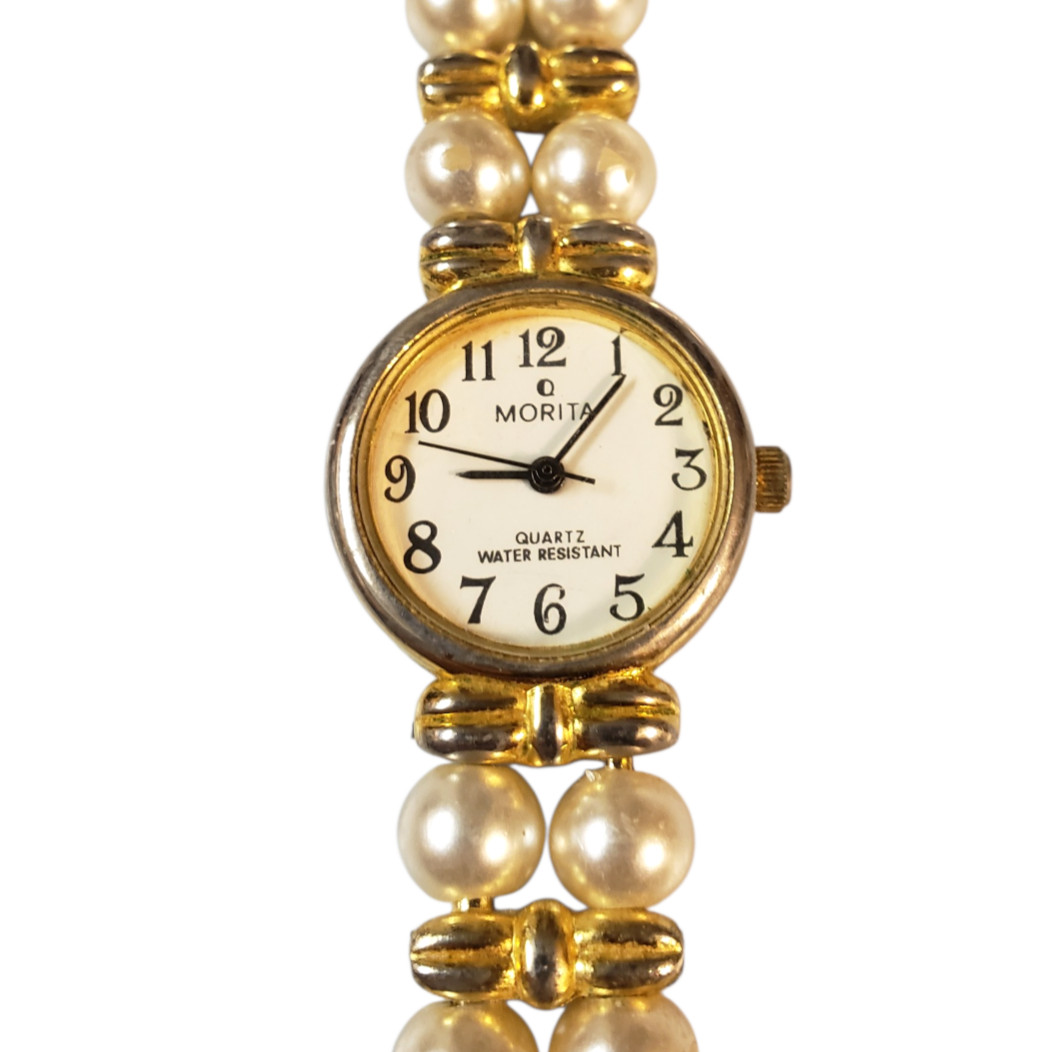 Morita Women’s Water-Resistant Gold Tone Faux Pearls Quartz Analog Watch 7 1/2″