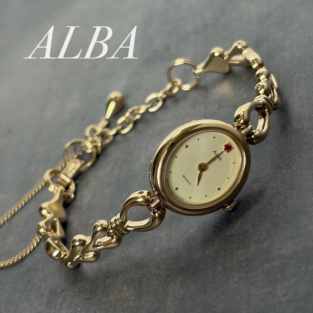 Vintage ALBA Ladies Quartz Watch Gold Tone Bracelet Red Stone Accent Working