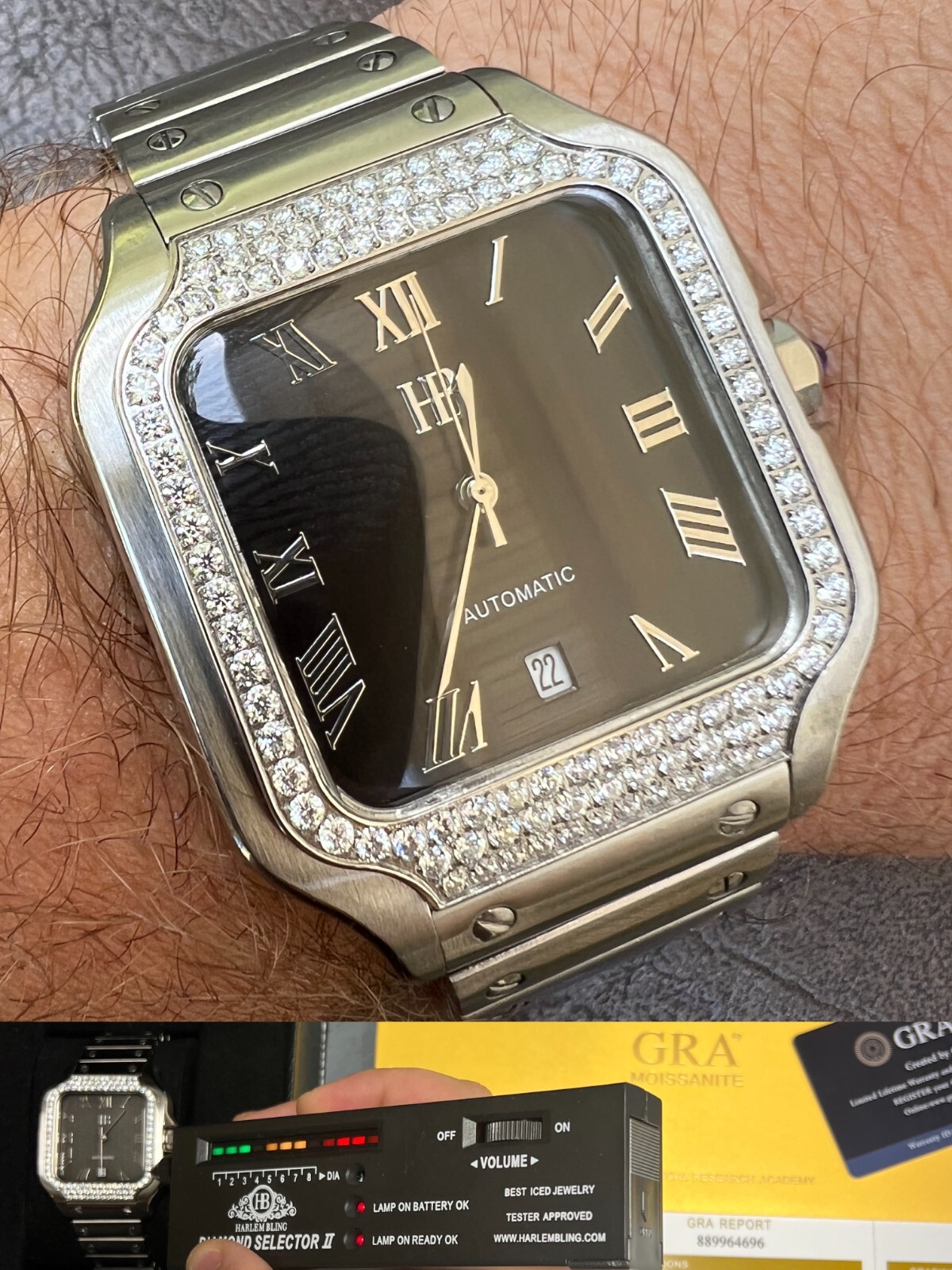 Real Mens 2.5ct MOISSANITE Watch Hip Hop Iced Automatic Movement Black Face
