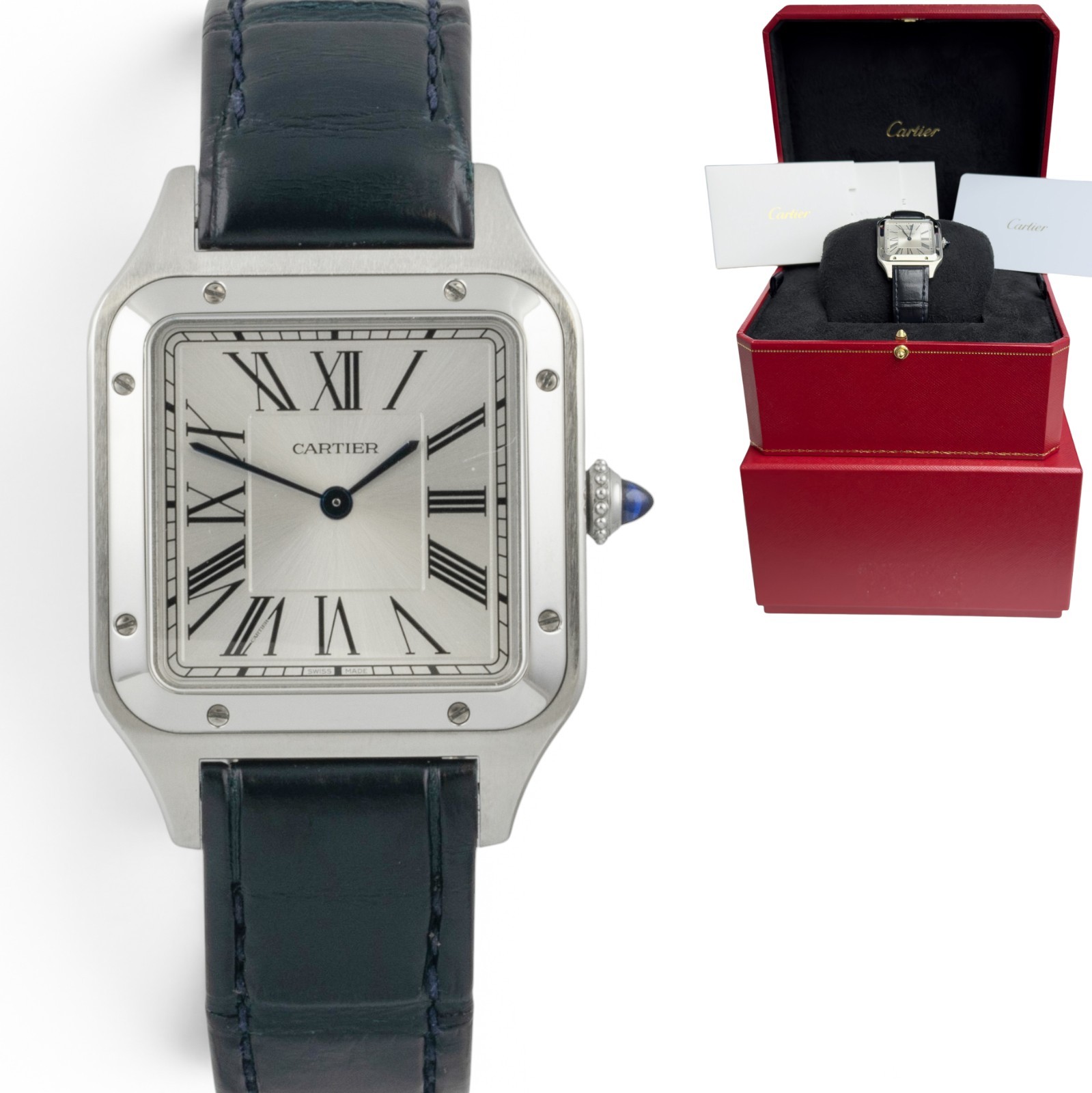 Cartier Santos Dumont 4240 WSSA0022 Steel Silver Roman Blue Strap BOX + PAPERS