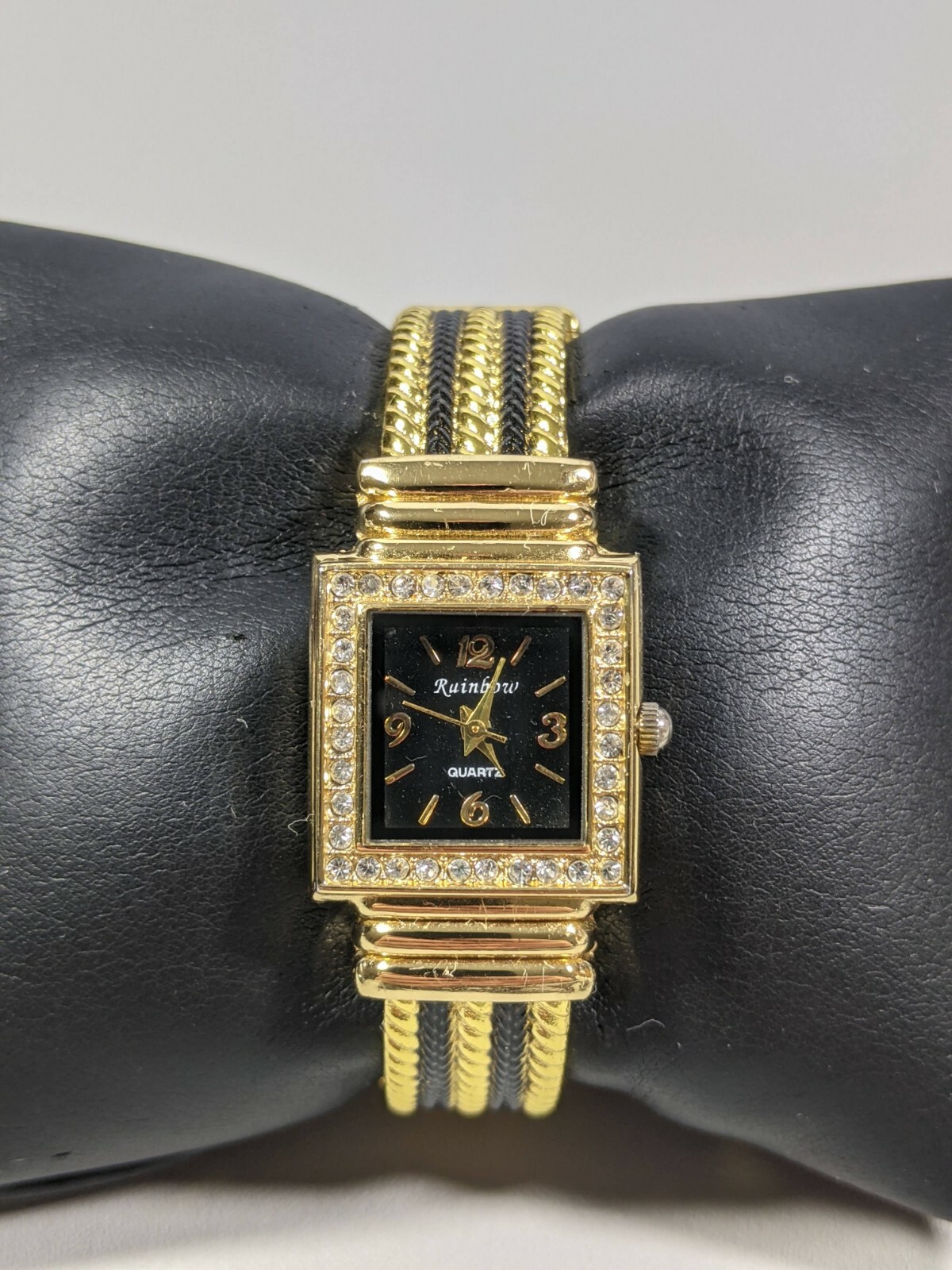 Rainbow Black Dial Gold Tone Square Case 22 mm Hinge Bracelet Band Watch 5.5 In.