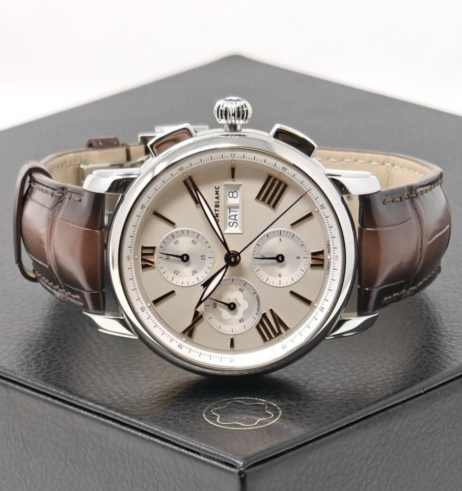 MontBlanc Star Legacy Day Date Chronograph Watch Brown Aligator Leather 126080
