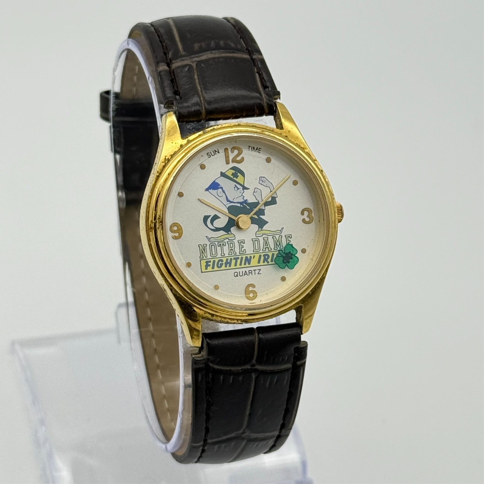 Vintage Unisex NOTRE DAME Fightin’ Irish Gold Tone Watch, Mystery Dial Clover