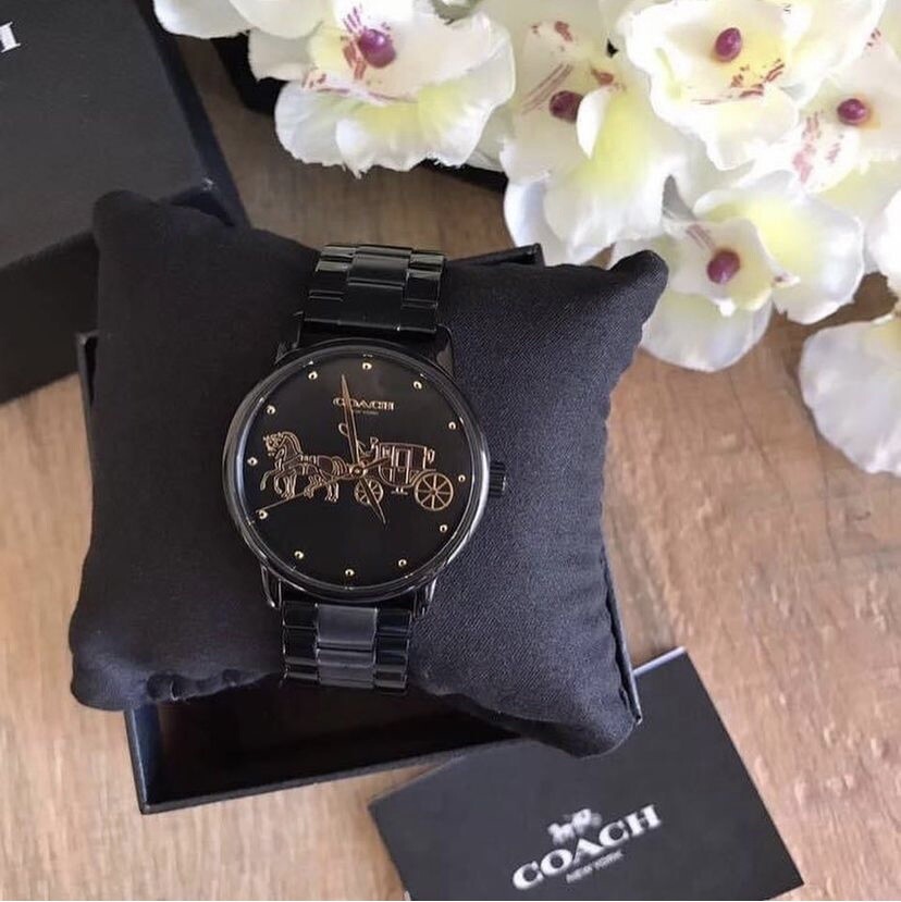 NWB 14502925 AUTHENTIC Coach BLACK Dial Watch Grand Stainless Steel LinkBracelet