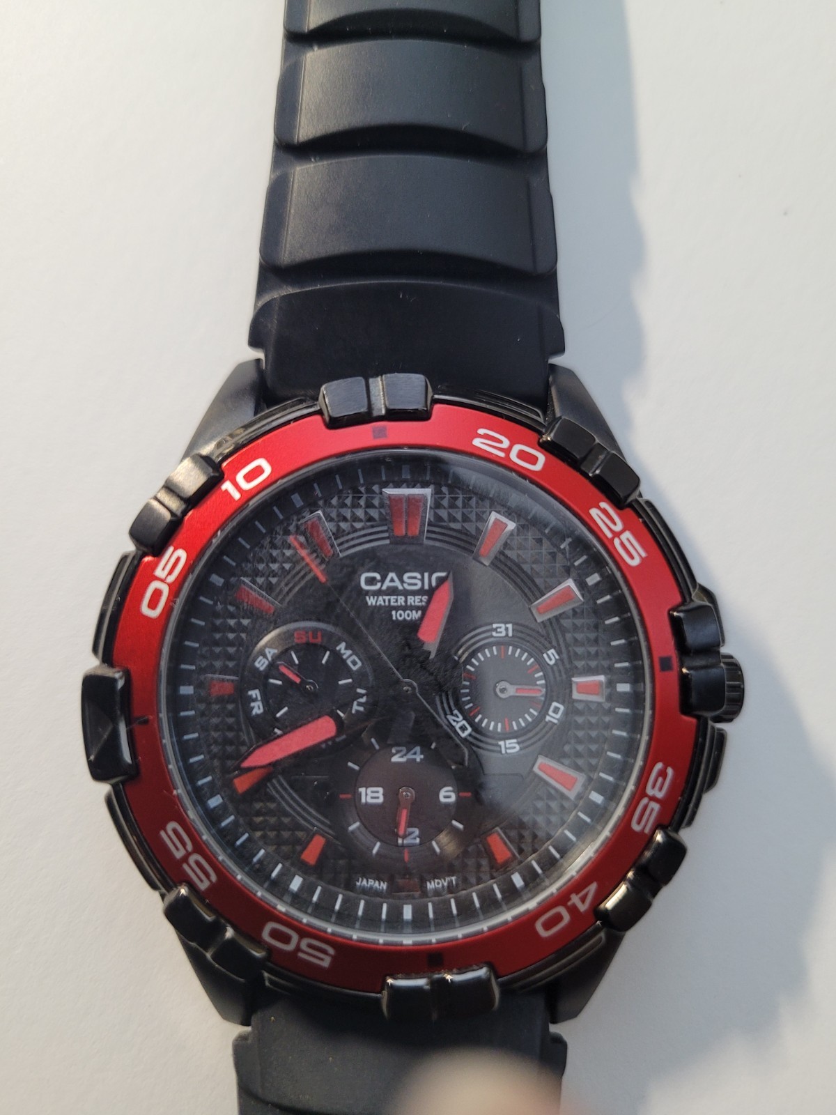 Casio Men MTD-1069 Multifunction Red Black Dial Rubber 44mm Quartz Watch 8 1/4″