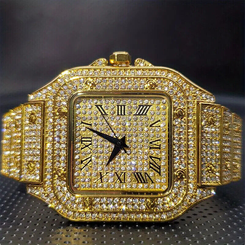 ICED WATCH LUXURY GOLD SILVER PLATED SIMULATED DIAMOND RAPPER STYLE WRIST SQUARE