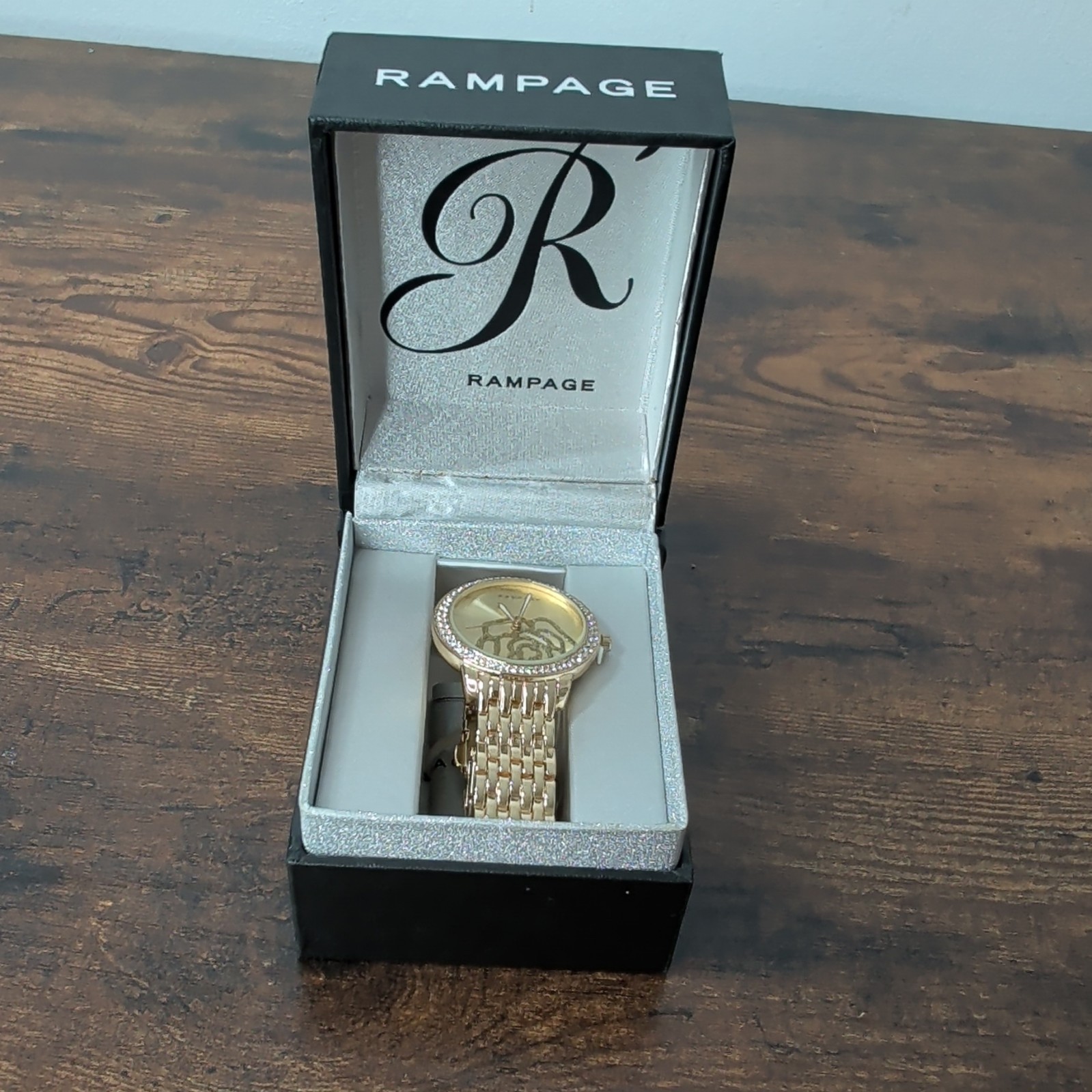 Rampage Gold Tone Quartz Analog Women’s Watch Crystal Bezel Bracelet w/Box
