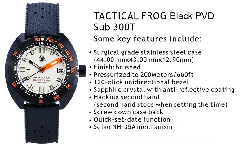 TACTICAL FROG Sub 300T Black PVD NH35A 200M Diver Automatic Watch C3 43mm 316L